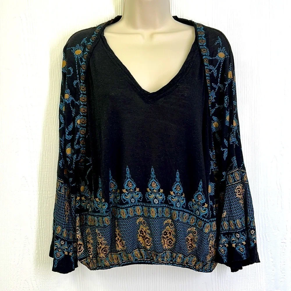 Free People - Black And Gold Medallion Peasant Boho Blouse Size XS